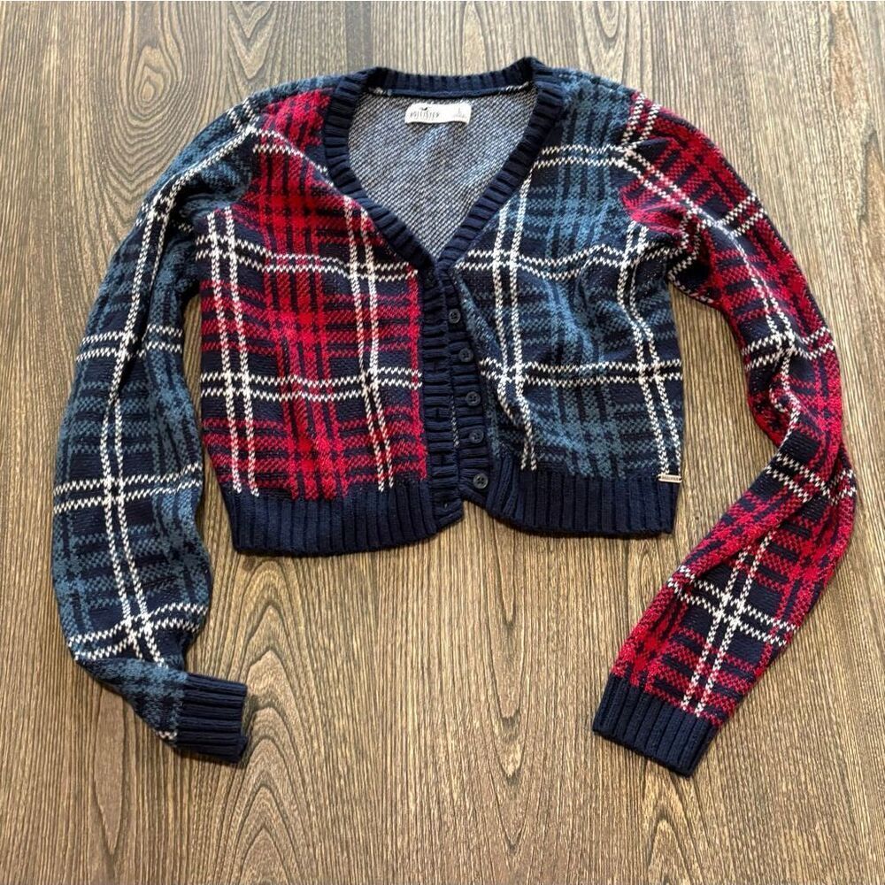 Hollister Womens Cropped Cardigan Sweater Button Front Plaided Multicolor Size L